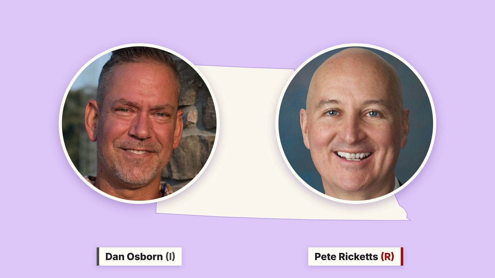 Photos of Dan Osborn, left, and Pete Ricketts, right, in circles over a cream outline of Nebraska on a purple background.