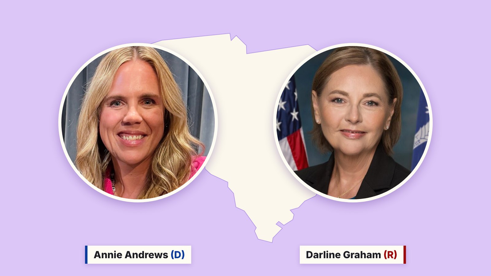 Photos of Annie Andrews, left, and Darline Graham, right, in circles over a cream outline of South Carolina on a purple background.